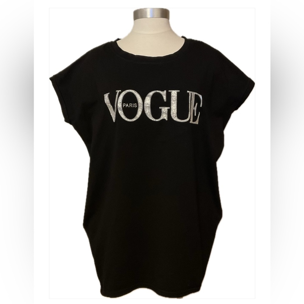 Fashion Vogue Paris Sparkle Logo Black Tunic Tee Shirt Dress with Pockets Size M